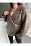 Shiny Buttoned Plush Laminated Leather Coat