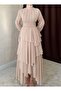 Beige Chiffon Layered Skirt Tulle-Sleeved Pleated Dress - 6