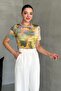 Women's Crew Neck Multicolor Print Short Sleeve Blouse - 6