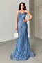 Blue Sequin Sequins Embroidered Strapless Evening Dress