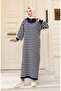 Striped knit dress with collar zipper 11027-01 navy blue - 2
