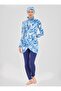 Patterned Wrap Skirt Detailed Hijab Swimsuit - Dark Indigo - - 2