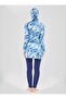 Patterned Wrap Skirt Detailed Hijab Swimsuit - Dark Indigo - - 4