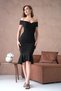 Women's Black Glitter Crepe Fabric Layered Strapless Collar Skirt Ruffle Midi Dress 3071