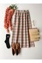 Cream Plaid Gathered Waist Long Skirt - 3