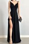 Black Stretchy Crepe Fabric Double Breasted Neck Slit Detail Strap Maxi Dress 582189 - 4