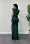 Sequin Sequin Fabric Drawstring Detail Evening Dress - Zimrute Green - 4