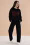 Black Text Printed Girls' Elastic Waist Sweatpants Set 19898