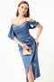 Women's Indigo Boat Neck Draped Midi Evening Dress