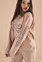 Beige Text Printed Girls' Elastic Waist Sweatpants Set 19896 - 2