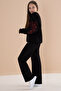 Black Text Printed Girls' Elastic Waist Sweatpants Set 19898 - 6