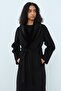 Fur Shawl Collar Belted 100% Wool Coat Black - 2