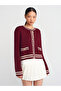 60945 Crew Neck Striped Buttoned Knitwear Cardigan-Claret Red-Ecru