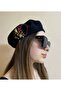 Valentine's Day Gift Handmade Red Yellow Heart Flower Embroidered Black Painter Beret - Design - 3
