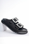 Women's Black Matte Stone Double Buckle Comfortable Sole Slippers - 3