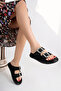 Women's Black Matte Stone Double Buckle Comfortable Sole Slippers - 2