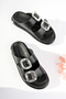 Women's Black Skin Stone Double Buckle Comfortable Sole Slippers