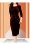 New Season Women's Stone and Ruched Detail Midi Length Velvet Elegant Occasion Dress - 3