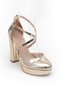 Women's Gold Thick Heeled Cross Cross Evening Dress Shoes - 2