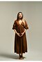 Brown Long Sleeve Bohemian Dress with V Neck