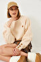 Women's Beige Crew Neck Heart Embroidered Three Thread Ribbed Sweatshirt 60251933 - 3