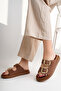 Women's Tan Matte Double Buckle Comfortable Sole Slippers - 2