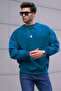 Petrol Blue Crew Neck Oversize Raised Basic Men's Sweatshirt 6048