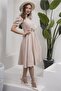 Beige Watermelon Sleeve Flared Midi Length Crepe Dress - 3