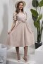 Beige Watermelon Sleeve Flared Midi Length Crepe Dress