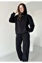 Black Felpa Hooded Sweatshirt-Sweatpants with Ribbed Inner Women's Tracksuit Set 3 Thread Ribbed