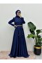 Satin Evening Dress with Chain Detail at Waist and Ruffles at Front - 2