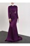 Side Gathered Satin Evening Dress with Stone Taka Detail