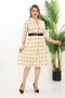 Double-Breasted Collar Belt Detailed Polka Dot Evening Dress Beige 7087