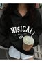 Women's Black Musical Art Printed Hooded Hoodie Sweatshirt - 2