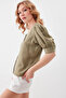 U-Neck Balloon Cufflink Blouse - 3