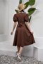 Brown Watermelon Sleeve Flared Midi Length Crepe Dress - 4