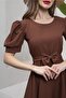 Brown Watermelon Sleeve Flared Midi Length Crepe Dress - 3