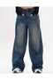 Musiala Dark Blue Baggy Buckle Detailed Loose Fitting Wide Leg Casual Baggy Jean Jeans Loose Women's Pants - 3