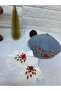 Handmade Red Floral Embroidered Pearls Gray French Painter Beret Hat and White Fingerless Gloves Set - 2