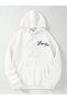 Women's White Luck You Printed Hooded Hoodie Sweatshirt - 2
