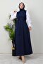 Sleeve Detail Belted Dress Navy Blue