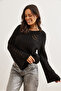 Women's Black Openwork Soft Textured Spanish Sleeve Sweater Kzk- 19000938 - 4