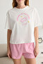 Pembe %100 Pamuklu Çizgili Slogan Baskılı Uyku Bantlı Şortlu Örme Pijama Takımı THMSS25PT00102 - 3