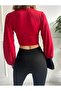 Women's Lycra Micro Fabric Red Body Balloon Long Sleeve Crop Chest Low-Cut Body - 2