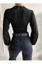 Women's Lycra Micro Fabric Body Balloon Long Sleeve Crop Chest Low-Cut Black Body - 2