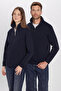 Unisex Relax Fit Comfortable Cut Cotton Fleece Inside Half Zipper Navy Blue D Mock Neck Sweatshirt - 2