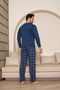 Men's Cotton Indigo Long-Sleeved Pajama Set with Plaid Bottoms - 3
