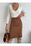 Women's Elastic Waist Suede Tan Slit Pencil Skirt Length 65 cm - 3
