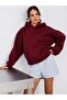Women's Oversize Sweatshirt Hoodie Basic Claret Red – Hooded, Kangaroo Pocket, 3 Thread Ribbed - 2