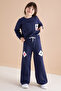 Navy Blue Lace Pocket Detailed Crew Neck Girl's Tracksuit Set 20147 - 6